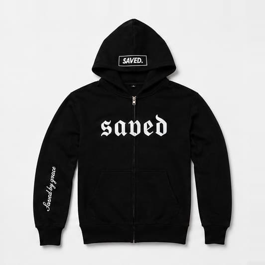 Front of the black Built Not Scrapped zip hoodie, saved set in blackletter across the chest
