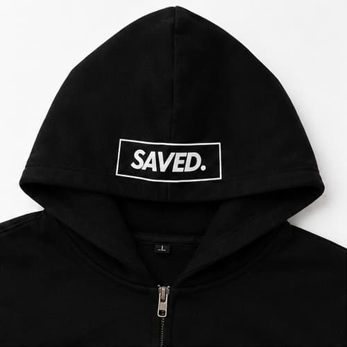Boxed SAVED. mark printed on the side of the hood, above the zip